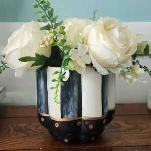 Striped Black and White Vase with Faux Flowers